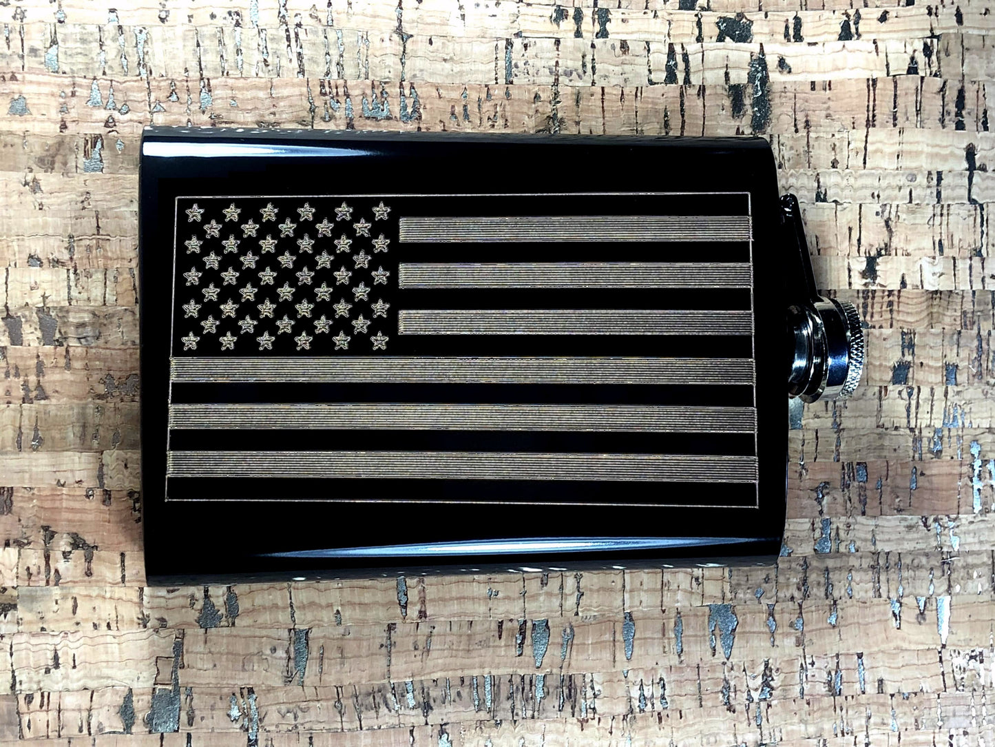 Custom Engraved American Flag on Matte Black 8oz Premium Stainless Steel Flask