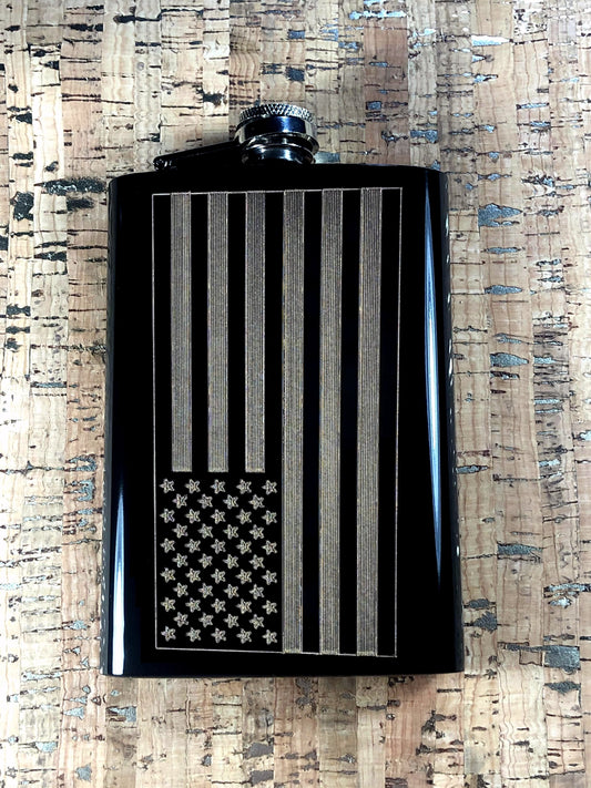 Custom Engraved American Flag on Matte Black 8oz Premium Stainless Steel Flask