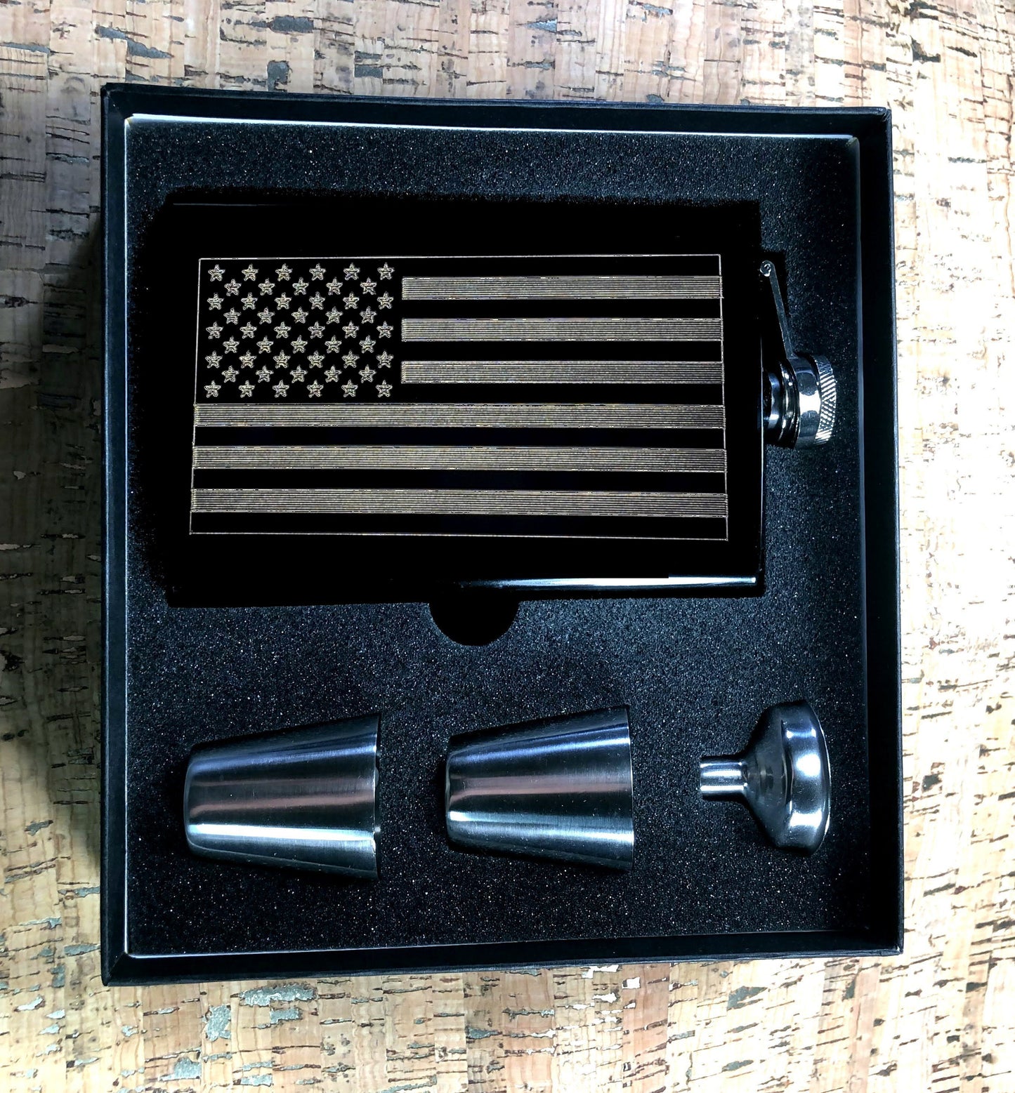 Custom Engraved American Flag on Matte Black 8oz Premium Stainless Steel Flask