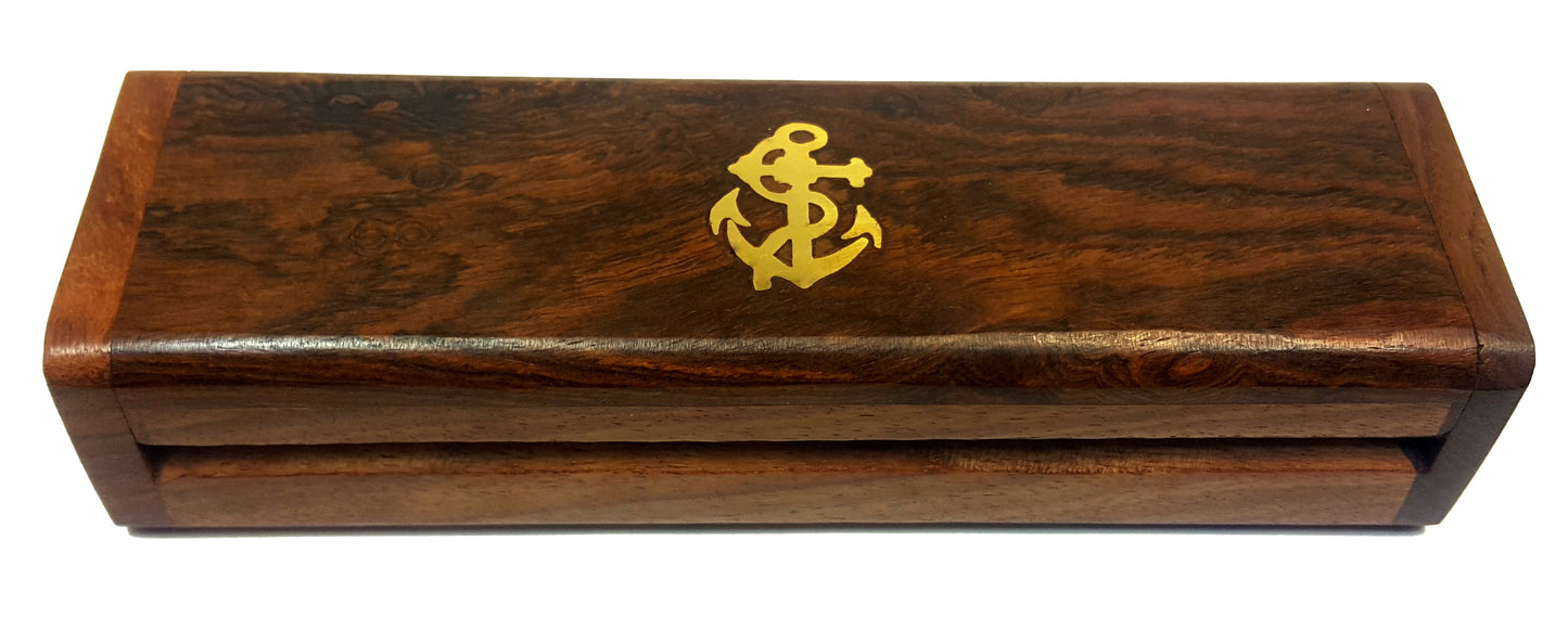 Brass and Copper OR Silver Plated Boatswain Whistle/Pipe with Chain and Storage Box with Anchor Inlay