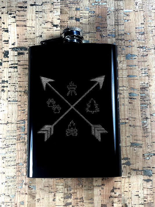 Custom Engraved Arrows with Camping Elements on Matte Black 8oz Premium Stainless Steel Flask