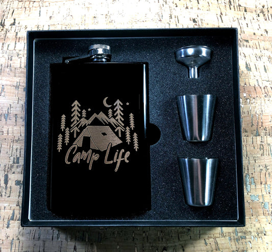 Custom Engraved Camp Life on Matte Black 8oz Premium Stainless Steel Flask