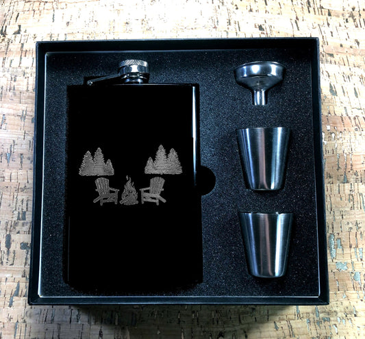 Custom Engraved Camping Chairs on Matte Black 8oz Premium Stainless Steel Flask