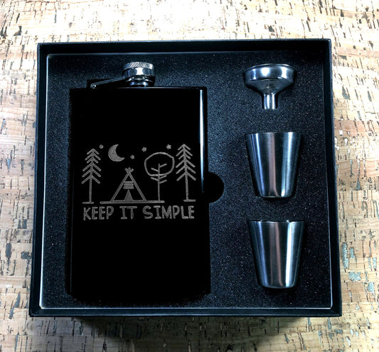 Custom Engraved Keep it Simple Camping Flask on Matte Black 8oz Premium Stainless Steel Flask