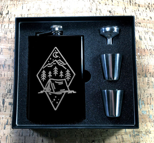 Custom Engraved Camping Tent Flask on Matte Black 8oz Premium Stainless Steel Flask
