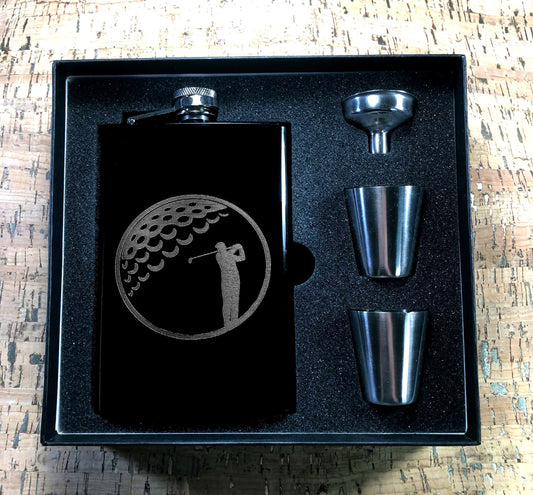 Custom Engraved Golf Ball on Matte Black 8oz Premium Stainless Steel Flask