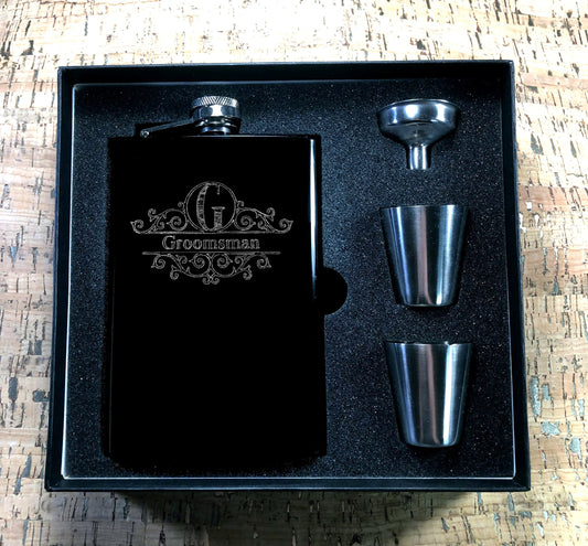Custom Engraved Groomsman Flask on Matte Black 8oz Premium Stainless Steel Flask