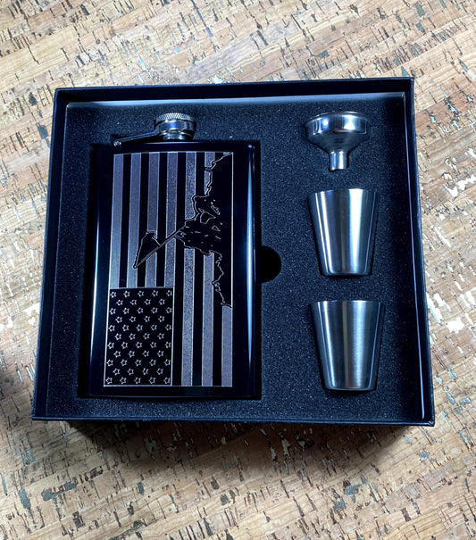Custom Engraved Iwo Jima American Flag on Matte Black 8oz Premium Stainless Steel Flask
