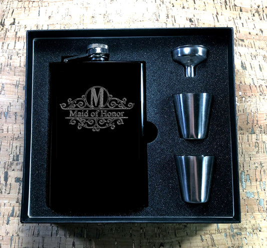 Custom Engraved Maid of Honor Flask on Matte Black 8oz Premium Stainless Steel Flask