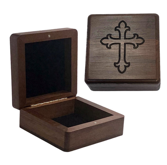 Custom Engraved Cross on Rosary Keepsake Box with Optional Custom Engraved Plaque for Inside Lid