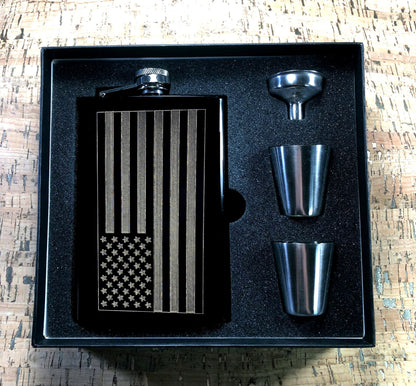 Custom Engraved American Flag on Matte Black 8oz Premium Stainless Steel Flask